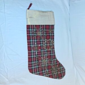 Plaid Holiday Christmas Stocking with Gold Snowflakes